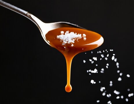 caramel sauce on a spoon drizzled and sprinkled with salt