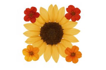 Sunflower with surrounding orange and red flowers creating a vibrant floral pattern on transparent background