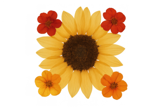 Sunflower with surrounding orange and red flowers creating a vibrant floral pattern on transparent background - Powered by Adobe