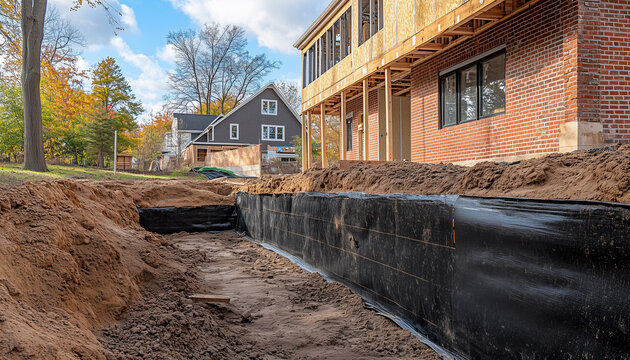 House exterior with foundation excavation and waterproof membrane applied to foundation wall, illustrating exterior basement