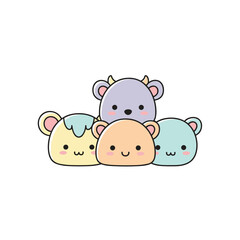 Group of kawaii pastel animal faces icon in flat cartoon style for children&rsquo;s content
