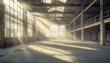 Large empty industrial room with high ceilings, broken floors. Sunlight streams through many tall windows, casting bright shadows