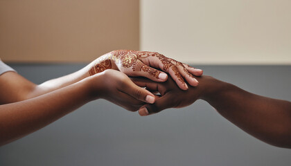 Beautifully diverse hands with intricate henna art join together in a symbol of unity and support. A minimalist concept representing multicultural friendship and global connection.