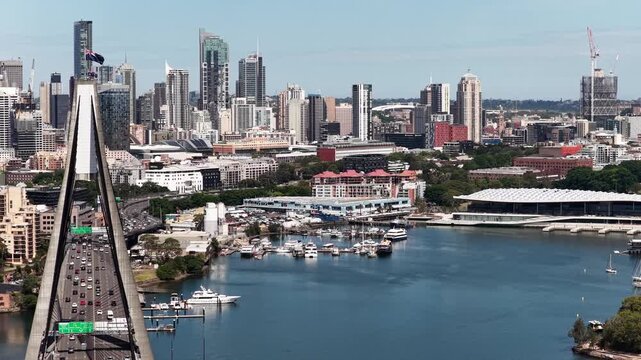 Darling harbour in close aerial panorama of Sydney, Australia, from Anzac bridge.