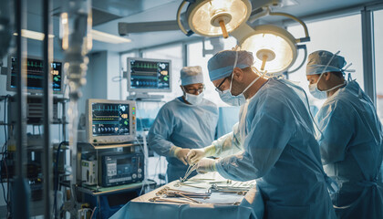 Focused medical team performing a complex operation in a modern hospital. Sterile environment with hightech monitors and surgical lights emphasizes precision, teamwork, and expertise.