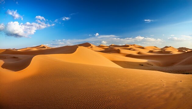 panoramic landscape of golden sand dunes under blue sky - Powered by Adobe