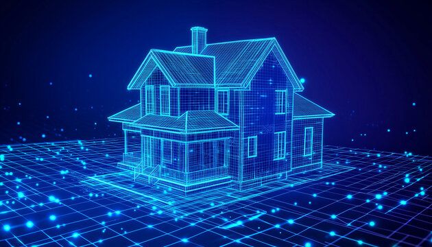 Futuristic digital house concept with glowing blue wireframe on dark background.