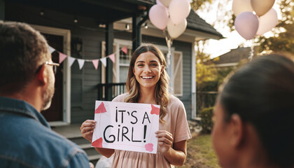 Radiant woman holding an Its a Girl sign during a festive outdoor gender reveal party. Perfect for parenting blogs, baby announcements, and capturing joyful family milestones.