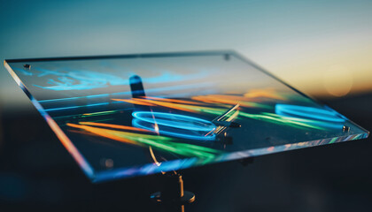 Stunning futuristic glass panel features glowing neon light trails against a bokeh sunset. A perfect metaphor for advanced technology, digital innovation, and sleek modern design concepts.