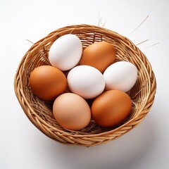 A group of fresh raw brown chicken eggs sits inside a natural wicker basket, providing a healthy organic breakfast ingredient isolated on a white background