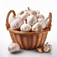 A bunch of fresh organic white garlic bulbs and raw cloves are arranged in a wicker basket, providing healthy spicy ingredients and gourmet seasoning for cooking