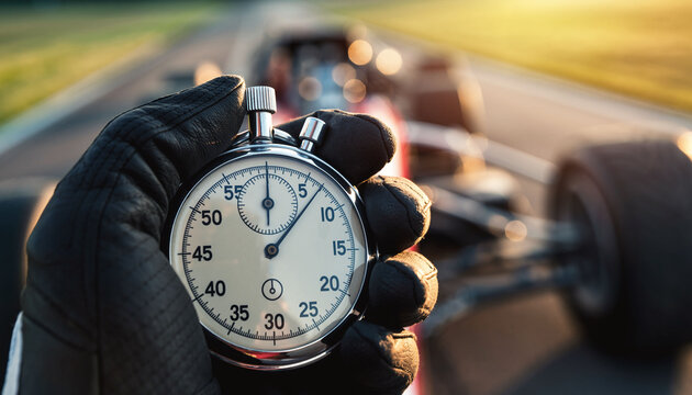 Professional gloved hand holds a classic stopwatch with a blurred racing car background. Symbolizing speed, precision, and performance, ideal for sports and business competition media.