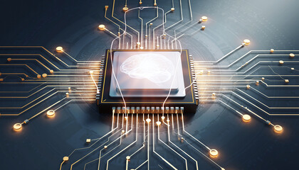 Advanced artificial intelligence concept featuring a glowing neural brain on a microchip. Glowing golden circuits represent digital innovation, machine learning, and hightech computing.