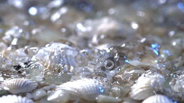 Shells on the shore during low tide near the beach at sunset