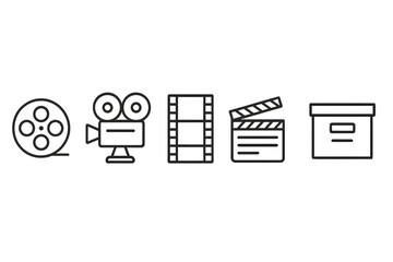 Cinematic Icon Collection. Film reel history: Line style icons of film reel, vintage camera, frame strip, clapper board, projector