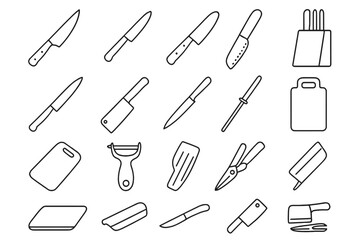 Obraz premium Kitchen Knife Icons. Line style icons of Kitchen Cutting Gear: chef knife, paring knife, bread knife, santoku knife, carving knife