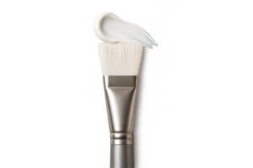 Cosmetic cream swatch on a white makeup brush for skincare application, beauty product testing on transparent background