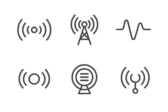 Wireless Frequency Icons. Wireless frequency output: Line style icons of frequency node, wireless pole, wave pulse, transmission