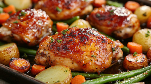 Baked honey-glazed chicken thighs on a sheet pan, surrounded by roasted vegetables like carrots, potatoes, and green beans for a one-pan meal concept.