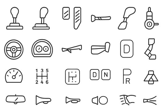 Car Transmission Icons. Line style icons of car transmission: Gearshift, Gear Lever, Clutch Pedal, Brake Pedal, Accelerator,