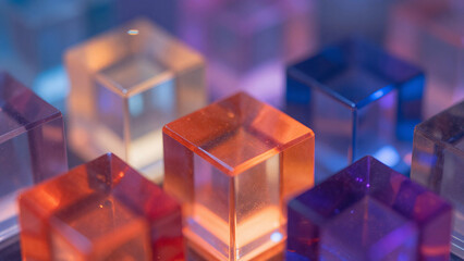 Fototapeta premium Close-up shot of vibrant translucent blocks in shallow depth of field, showcasing abstract elegance with warm to cool color transitions.