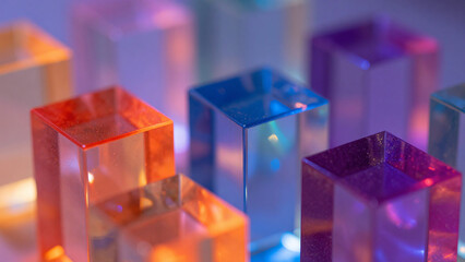 Obraz premium Glowing Translucent Blocks in Vibrant Colors Displayed in Hyperrealistic Macro Photography