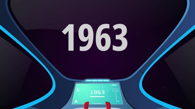 Time travel cockpit with futuristic animation jump to the year 1963. Ideal for content creators, tech presentations, future concepts, and cinematic video projects.