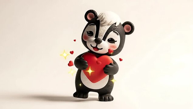 Cute Skunk Character Holding Red Heart with Sparkles - Sweet Love and Affection Illustration