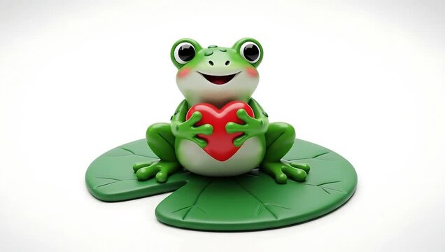 Cute 3D cartoon frog holding a red heart on a lily pad, isolated on white