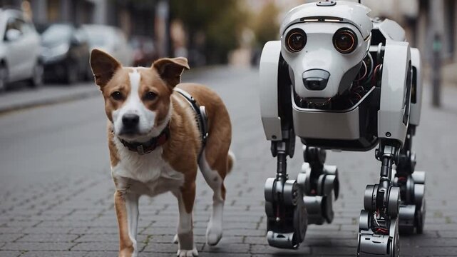 A robotic dog walks with a real dog on a city street. The scene takes place in the afternoon as they explore the space together. Both dogs seem engaged in their surroundings