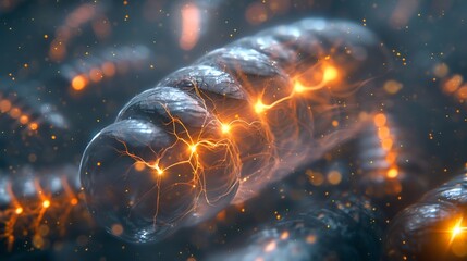 Glowing Wormlike Microorganism with Orange Lights on Dark Background