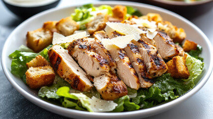 Fototapeta premium Bowl of chicken Caesar salad with sliced grilled chicken, crispy croutons, shaved parmesan, and creamy Caesar dressing on a clean white plate. 