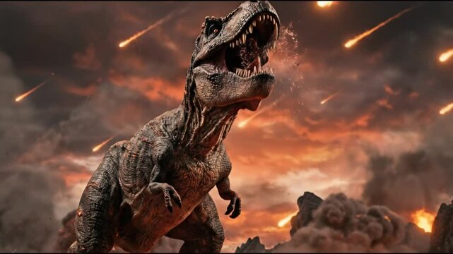 Angry tyrannosaurus rex roaring in apocalyptic volcanic setting