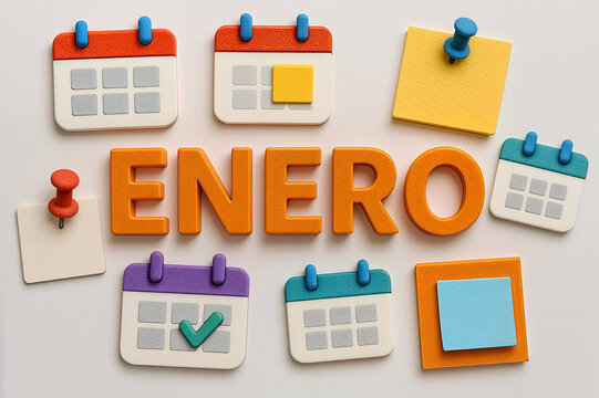 Mes de Enero en 3D rodeado de Calendarios