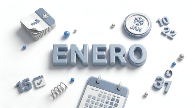 Mes de Enero en 3D rodeado de Calendarios