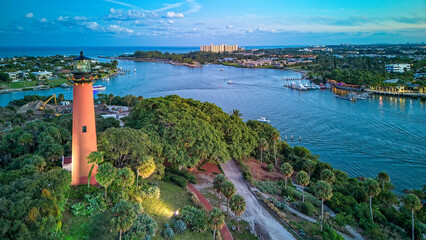aerial view at sunset of Jupiter Inlet
