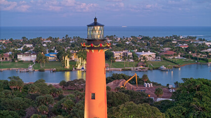 aerial view at sunset of Jupiter Lighthouse