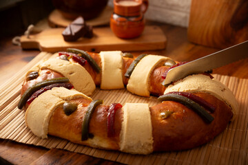 Rosca de Reyes, also called Three Kings Bread, Roscon, Epiphany Cake, traditionally served with hot...