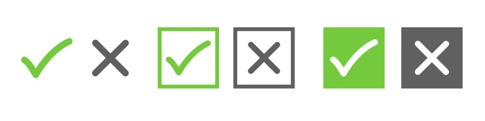 Correct and wrong check mark icons, checklist symbols Vector illustration