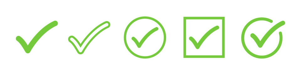 Green check mark icons, correct or approved checkmark icon isolated vector illustration