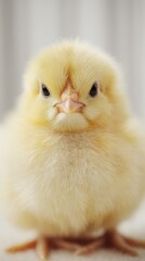 cute baby chick portrait, fluffy yellow feathers, innocent expression, clean background, soft natural light