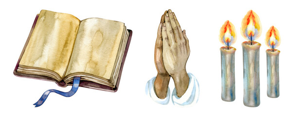 Watercolor collection of Christian religious symbols. Featuring an open old Bible with a blue bookmark, hands folded in prayer, and three burning candles with glowing yellow and orange flames.