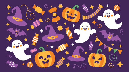 Cute Halloween Cartoon Pattern with Pumpkins, Ghosts, Candy and Witch Hats Vector