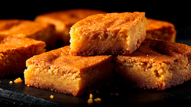 Close-up of golden-brown butterscotch blondies stacked on a slate surface on black backdrop