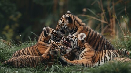 Tigers Playing in Green Grass Jungle