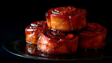 Close-up photo of a stack of glazed cinnamon rolls on a dark plate against black background