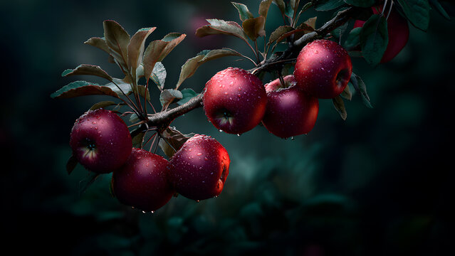 Branch bearing ripe red apples water droplets clinging to skin set against dark background