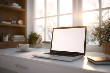 Modern workspace with laptop, plants, and sunlight creating a serene atmosphere in a cozy room