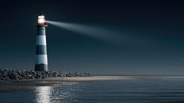 Lighthouse night ocean beacon rocky shore water sky stars illuminated tranquil scene. lighthouse stands rocky shore its beacon shining over calm