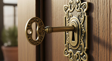 Vintage key in an ornate lock on a wooden door